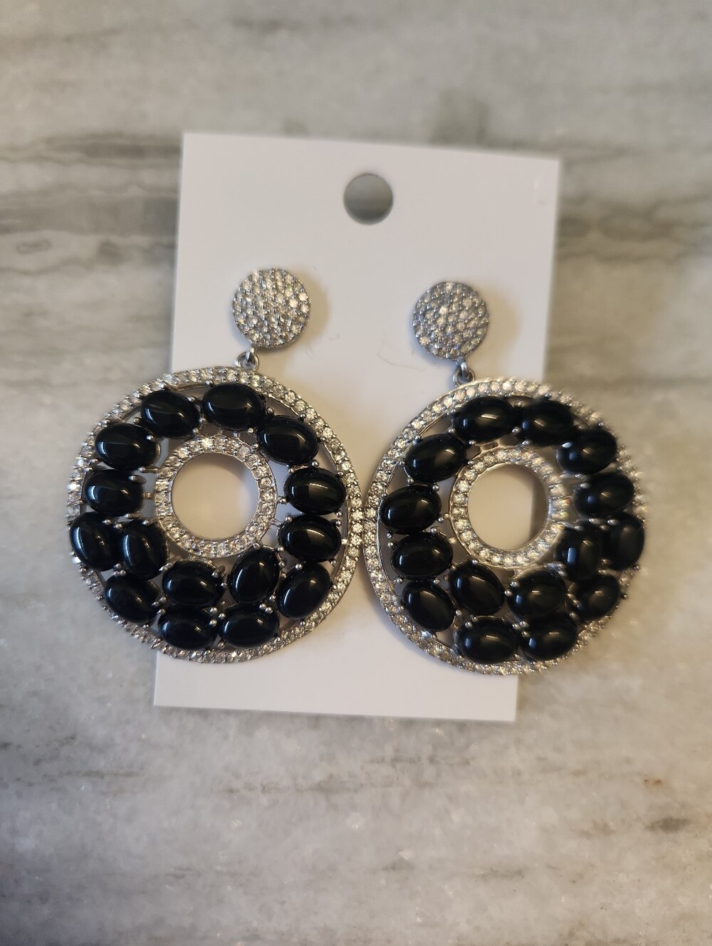 Large Black Onyx & White Cz Pave Sterling Silver Drop Earrings, New